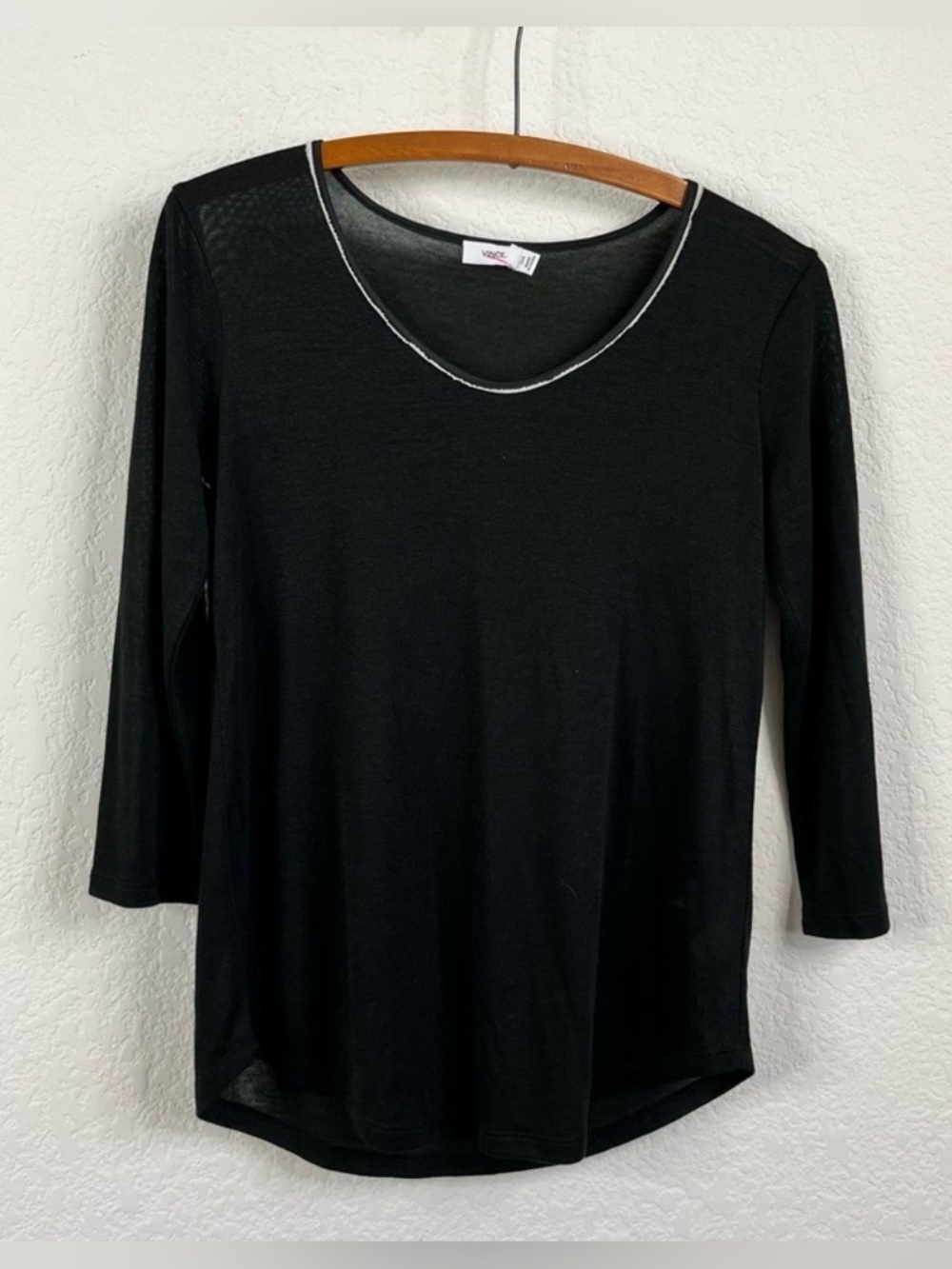 Vince Contrast Neck Fringe Pullover Semi-Sheer Tee